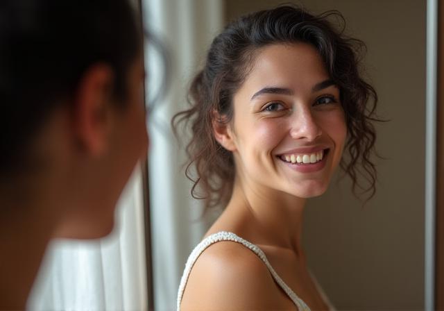 Persona mirándose al espejo con una sonrisa amable