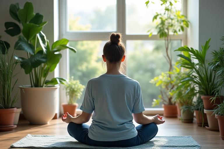 Persona meditando pacíficamente en un entorno moderno