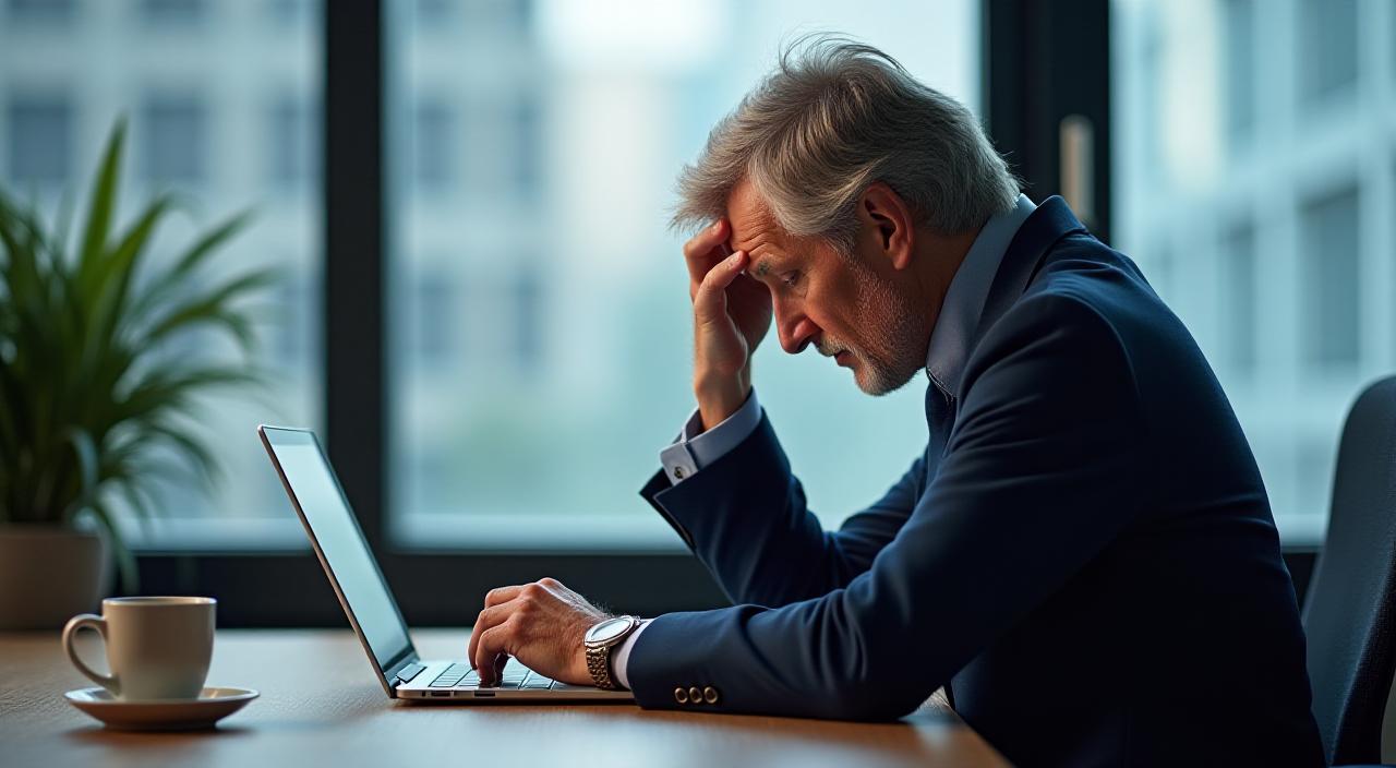 Persona agotada frente a una computadora en una oficina moderna