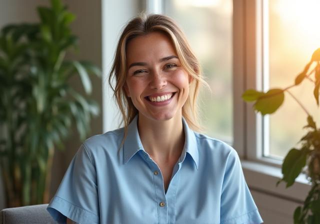 Persona sonriente en un ambiente tranquilo y profesional