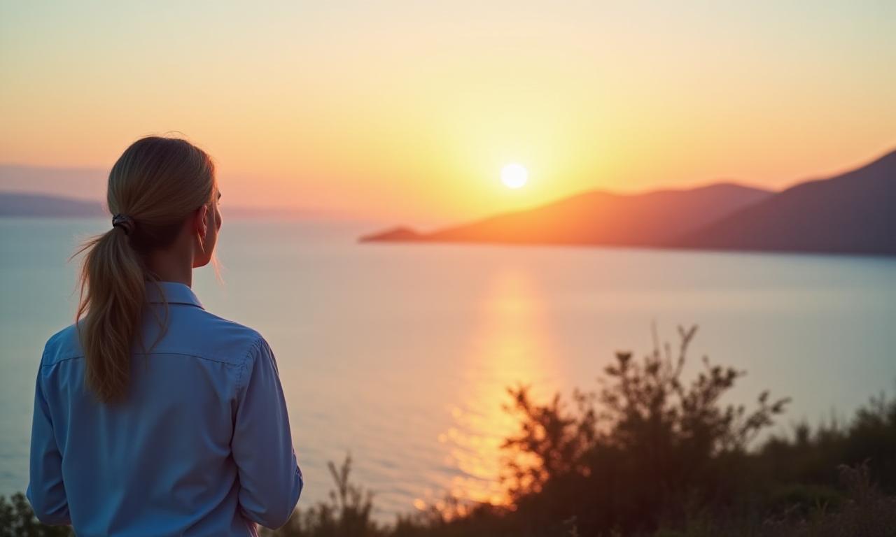 Persona meditando frente a un paisaje sereno