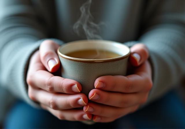 Primer plano de manos sosteniendo una taza de té, representando presencia plena